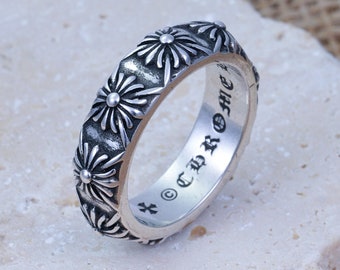 Chrome Hearts Style Cross Flower Silver Ring, Vintage INS Couple Ring, Unisex Forever Love Ring Gothic Ring,Chrome Heart Men Women Rings