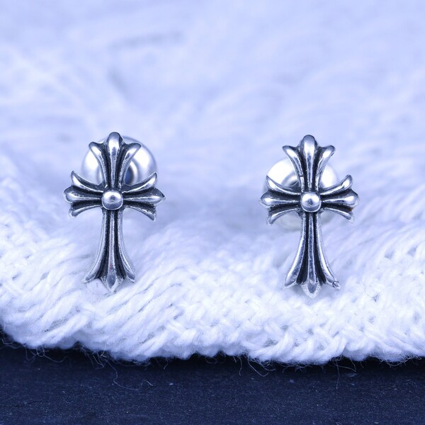 Chrome Hearts Style Cross Iris Flower Vintage Unisex Couple Earring 925 Silver Earrings, Forever Love Men Women Chrome Heart Earrings