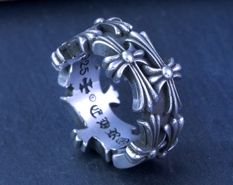 Anillo de plata con flor de doble cruz estilo corazones cromados, anillo de pareja INS vintage, anillo unisex, anillo de amor para siempre