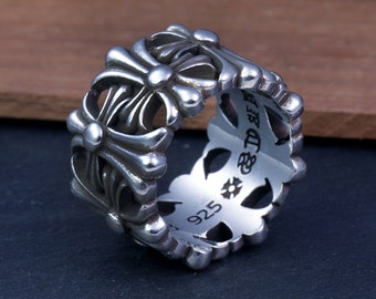Chrome Hearts Style Cemetery Cross Flower Silver Ring, Vintage INS Couple Ring, Unisex Ring, Forever Love Ring Gothic Men Women Rings