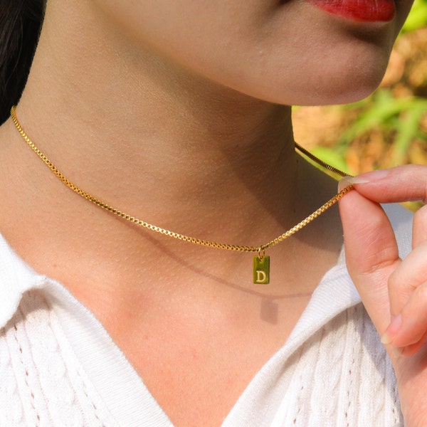Customized Minimalist Initial Rectangle Pendant Necklace • Box Chain Personalized Gold Letter Necklace • Gift for Her • Tag Necklace Women