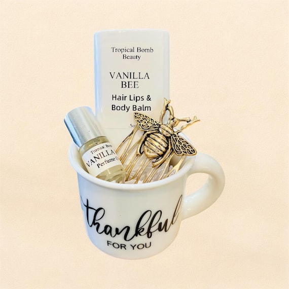 Vanilla Bee Gift Set - Perfume Oil,Bee Hair Comb & Mini Mug - Thank You Gift for Her, Bee Lover Gift Box, Vanilla Scented Care Package
