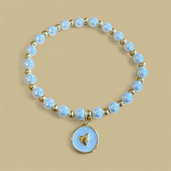 Pearl and Gold Bracelet with Enamel Heart I Elegant Minimalist Jewelry I Dainty Romantic Jewelry I Gift For Her