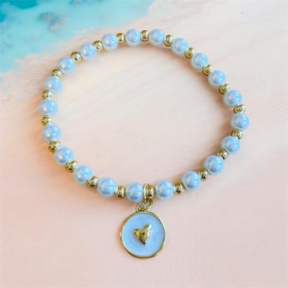 Pearl Bead Bracelet with Gold & Enamel Heart Charm