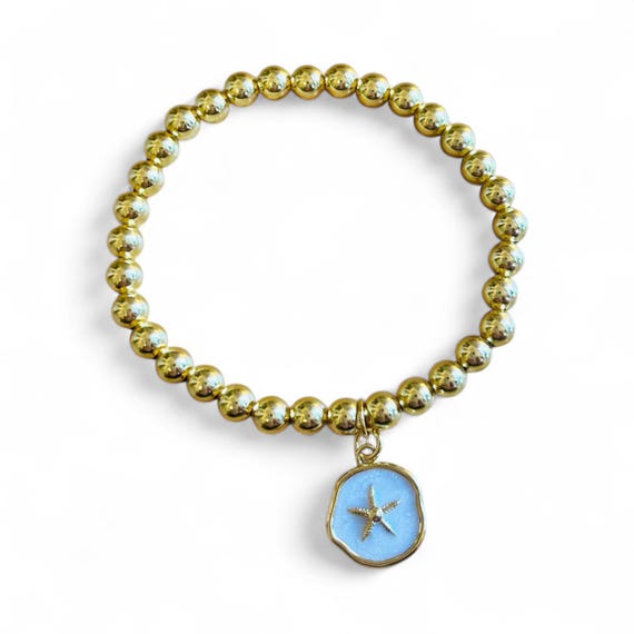 Gold Beaded Bracelet with Enamel Starfish Charm I Beach Jewelry I Coastal Bracelet Gift I Beach Lover Gift I Ocean Inspired Jewelry