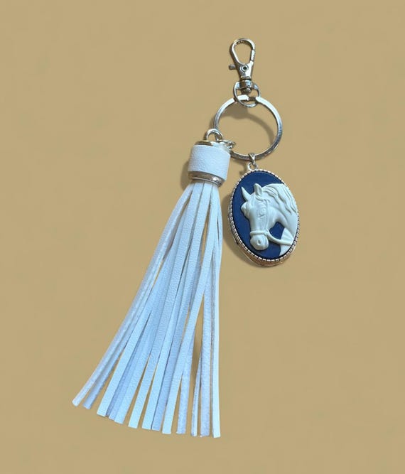 White Leather Tassle Purse Charm with Horse Locket Charm -Bag Accessory -Equestrian Gift