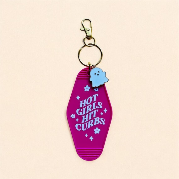 Hot Girls Hit Curbs Purse Charm - Funny Keychain for Her - Girly Bag Charm - Pink Driver Gift - Sassy Cute Key Ring with a little ghost