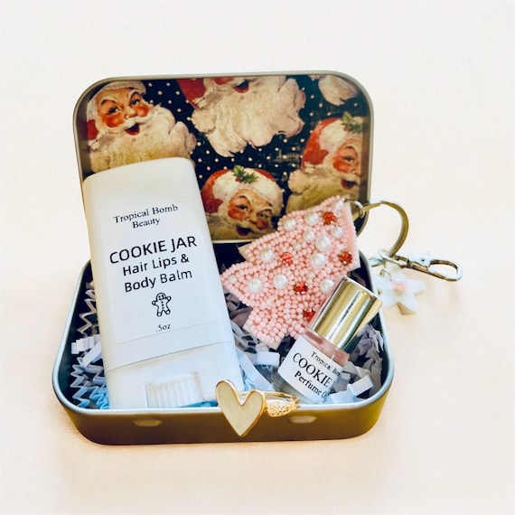 Meet Me Under the Mistletoe Gift Set - Holiday Tin Box with Cookie Jar Balm,Perfume Oil, Heart Ring & Purse Charm -  Christmas Romantic Box