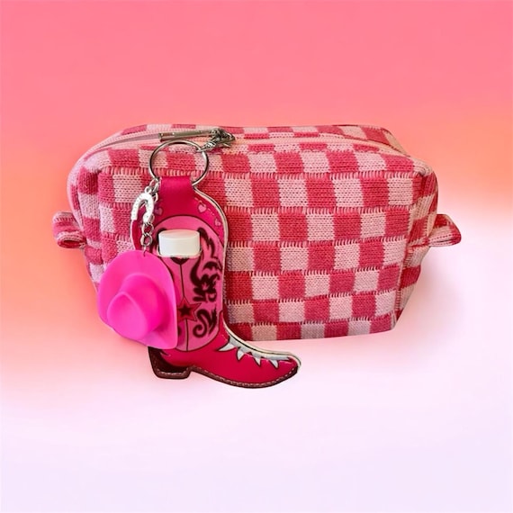 Makeup Bag Travel Pink Checkered with Cowboy Boot Purse Charm And Our Signature Pina Colada Lip Balm