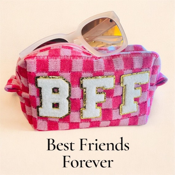 Travel Bag Best Friends Forever Checkered Pink Makeup Bag Party Favor Pink Bag BFF Destination Bag Coastal Summer Travel Bag BFF Sumer Fun