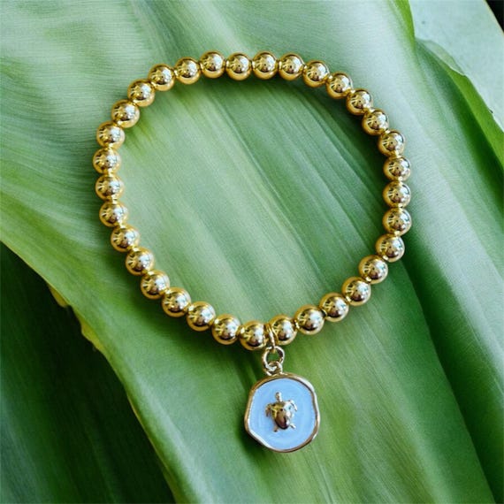 Gold Beaded Bracelet with Sea Turtle Enamel Charm - Ocean Bracelet - Beach Jewelry Gift