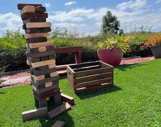 Giant Tumble Tower Game Rustic Outdoor backyard, 45 Blocks with crate