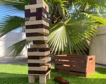 Giant Tumble Tower Game: Stained Wood Blocks, Outdoor Lawn Game with Crate