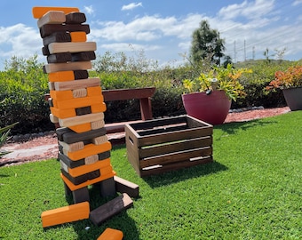 Corporate Gift Giant Tumble Game 45 Wood Stacking Timbers, Table with Storage Crate