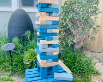 Giant Yard Tumble Tower Game Weathered Beach Stained + Crate & Stand Play up to 6ft indoor Outdoor, backyard wedding gift birthday barnyard