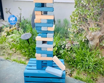 Giant Tumble Tower Game Beach Weathered Blue 54 Timbers with Stand & Crate