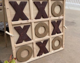 Giant Wood Tic-Tac-Toe Game Stand Up w/ kickstand legs 3ft x 3ft, hinges to Foldable includes Jumbo Stained wood X and O pieces