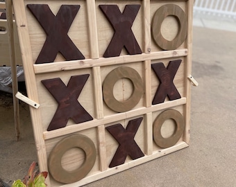 Giant Wood Tic-Tac-Toe Game Stand Up w/ kickstand legs 3ft x 3ft, hinges to Foldable includes Jumbo Stained wood X and O pieces