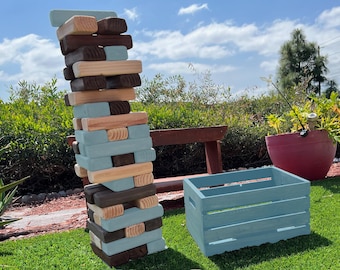 Giant Tumble Tower Game: Stained Wood Blocks, Outdoor Lawn Game with Crate