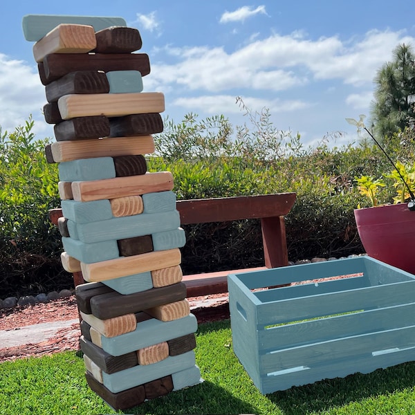 Giant Tumble Tower Game: Stained Wood Blocks, Outdoor Lawn Game with Crate