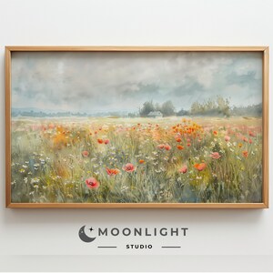 Arte TV con cornice, prato primaverile smorzato vintage, pittura di campagna, pittura a olio primaverile vintage, dipinto su una fattoria, arte TV floreale primaverile