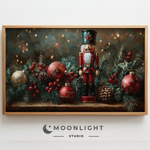 May include: A wooden nutcracker figurine stands in front of a festive arrangement of red and green Christmas ornaments, holly, and pine branches. The nutcracker is dressed in a red and gold uniform with a black hat and a white beard. The background is a dark green with twinkling lights.