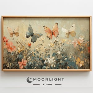Summer Butterfly Frame TV Art, Dark Neutral Golden Tv Art, Vintage Style Garden Painting, Rustic Country Decor, Insect Screensaver