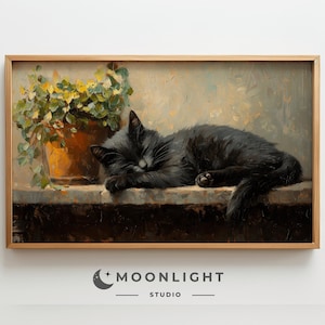 Black Cat FrameTV Art, Cat under plant Art, Modern Farmhouse TV Art, Cat Lover Decor, Spring Frame Tv Art, Digital Download