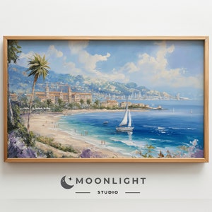 Summer Sailboat Frame Tv Art, Beach Frame Tv Art, Coastal Frame Tv Art, Vintage Landscape Tv Art, Coastal Landscape Painting