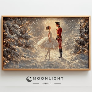 May include: A painting of a ballerina in a white tutu and a soldier in a red uniform standing in a snowy forest. The scene is lit by twinkling lights and falling snow.