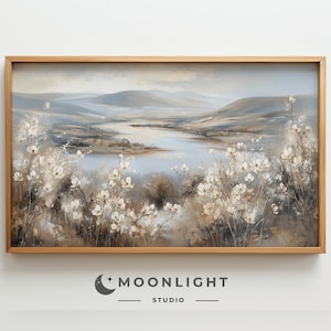 Frame Tv Neutral Lake Art, Mountain Landscape Frame TV Art, Vintage Lake Painting, Rustic Scenery Screensaver, Lake house decor