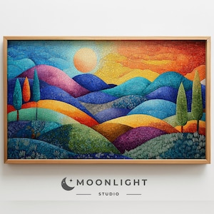 Pode incluir: Uma obra de arte de mosaico colorido que representa uma paisagem com colinas onduladas, um sol amarelo brilhante e árvores verdes. As colinas são de várias cores, incluindo azul, roxo, verde e amarelo. O sol está no canto superior esquerdo da imagem. As árvores estão no canto inferior direito da imagem.
