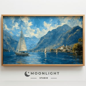 Summer Sailboat Frame Tv Art, Summer Lake Frame Tv Art, Coastal Frame Tv Art, Vintage Landscape Tv Art, Coastal painting