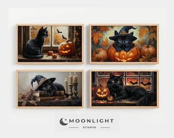 May include: Four framed art prints featuring black cats and Halloween themes. One print shows a cat on a windowsill with a pumpkin and bats. Another depicts a cat in a jack-o'-lantern. The third shows a cat with a witch hat on books. The last shows a cat with a jack-o'-lantern.