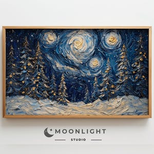 May include: A painting of a winter forest scene with a starry night sky. The trees are painted in shades of blue and green, and the sky is a deep blue with swirling white clouds. The painting is framed in a wooden frame.