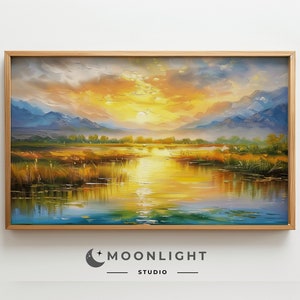 Frame Tv Lake Sunset Art, Country Lake Painting, Summer Evening Screensaver, Lake house decor, Colorful Summer Landscape
