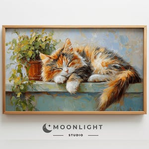 Calico Cat FrameTV Art, Cat under plant Art, Modern Farmhouse TV Art, Cat Lover Decor, Spring Frame Tv Art, Digital Download