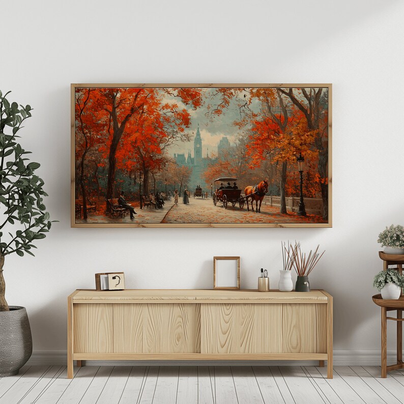 Vintage Fall American Town City Art Landscape, Vintage Fall Frame Tv