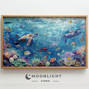 May include: A framed painting of an underwater scene with colorful fish, coral, and sea turtles. The painting is set against a blue background with white waves.