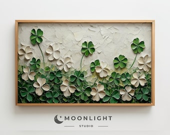 May include: A framed painting of a field of green four-leaf clovers with white flowers. The painting is done in a textured style, giving the impression of raised paint.