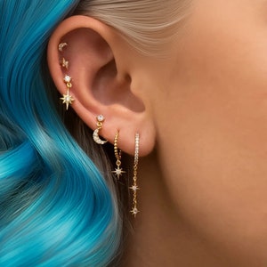 Star & Moon Earrings Set, 6 Pcs Earring Stack for Multiple Piercings, Gold CZ Dangle Drop Earrings, Sparkly Silver Everyday Earrings Gift