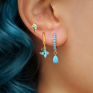 Blue Water Drop Earrings Sets, Huggie Earrings, Blue Star Piercings, Piercing Jewelry, Earrings - Gift for her, Birthday Gift