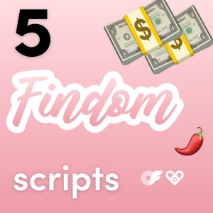 Puede incluir: Un fondo rosa con el número 5 en negro, la palabra "Findom" en blanco con un contorno blanco, las palabras "scripts" en blanco y una pila de tres billetes de dólar con una banda amarilla. También hay un chile rojo y un corazón blanco con un candado blanco.