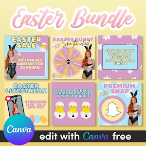 May include: A set of six colorful social media graphics for an Easter event. The graphics feature a woman dressed as an Easter bunny, a spinning wheel, a chick, and a Snapchat ghost. The text on the graphics includes "Easter Sale", "Easter Bunny Spin the Wheel", "First Fan to Tip $100 Gets an Exclusive Easter Content Bundle", "Easter Livestream", "Tip $50 and Choose a Chick to Receive a Mystery Bundle", and "Premium Snap".