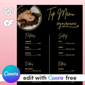DIY OnlyFans Trinkgeld-Menüvorlage - Kostenlose Canva-Vorlage, Inhaltsersteller, Fansly, bearbeitbarer digitaler Download, LoyalFans-Tipp, Schwarz und Gold