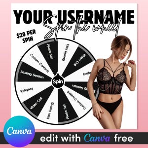 DIY Minimalist Spin The Wheel Template for OnlyFans, Fansly - Fully editable with free Canva, digital download, monochrome black white