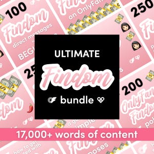 May include: A pink and black graphic with the text "ULTIMATE Findom bundle" and "17,000+ words of content." The image includes illustrations of money, emojis, and the word "Findom" in a cursive font.