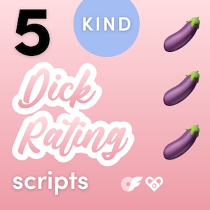 Puede incluir: Un fondo rosa con el número 5 en negro, las palabras "Dick Rating" en blanco con un contorno rosa y la palabra "scripts" en blanco. Un círculo azul claro con la palabra "KIND" en blanco está en la esquina superior derecha. Tres emojis de berenjena púrpura están en la esquina superior derecha. Un círculo blanco con un rayo negro y un corazón blanco está en la esquina inferior derecha.