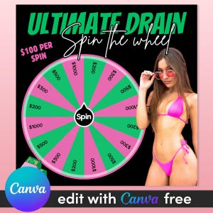 May include: A pink and green wheel of fortune with dollar amounts from $100 to $1000. The wheel is labeled "Ultimate Drain Spin the Wheel". The text "$100 per spin" is in the top left corner. A woman in a pink bikini is in the background.