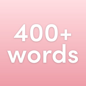 Puede incluir: Texto blanco sobre fondo rosa que dice "400+ palabras".